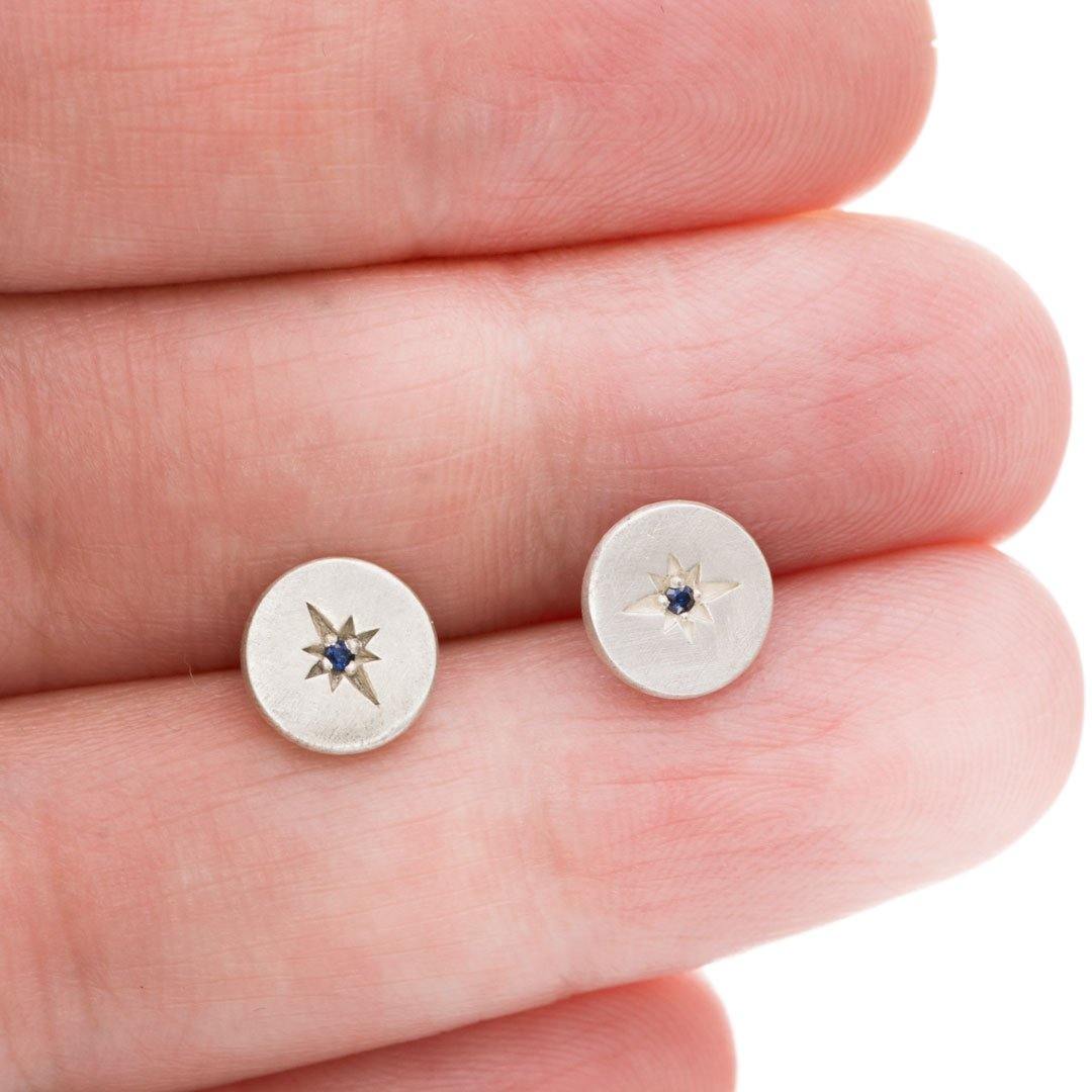 Blue Sapphire Star Set Round Disk Stud Earrings Earrings by Nodeform