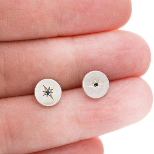 Blue Sapphire Star Set Round Disk Stud Earrings Earrings by Nodeform