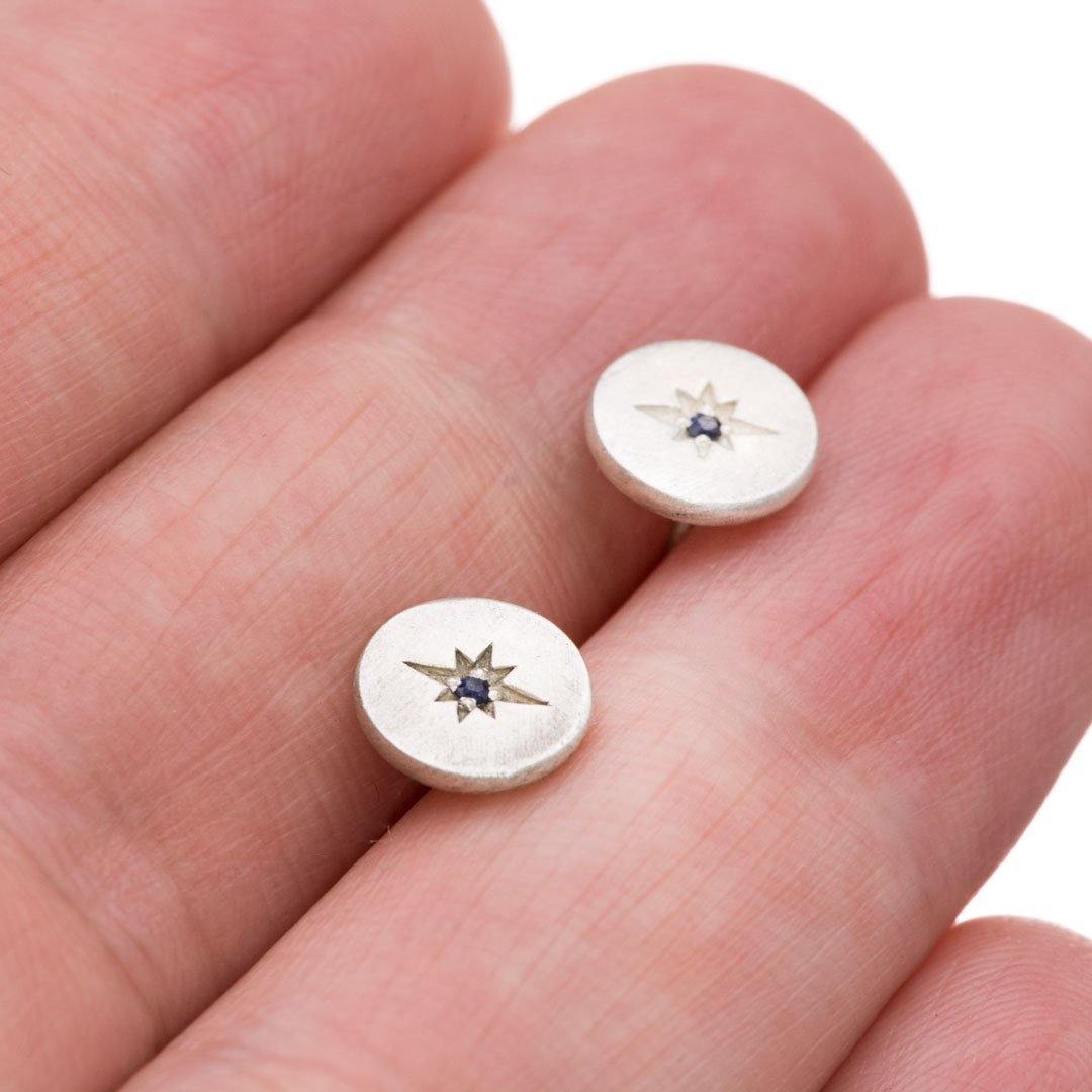 Blue Sapphire Star Set Round Disk Stud Earrings Earrings by Nodeform