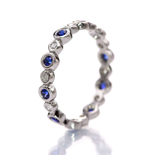 Bree Anniversary Band - Bezel Set Lab Created Diamond & Blue Sapphire Eternity Stacking Ring Wedding Band Sterling Silver Ring by Nodeform