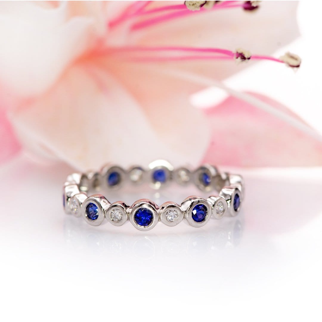 Bree Anniversary Band - Bezel Set Lab Created Diamond & Blue Sapphire Eternity Stacking Ring Wedding Band Ring by Nodeform
