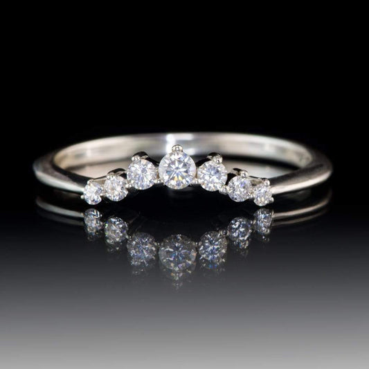 Corinne - Graduated Diamond, Moissanite or Sapphire Curved Contoured Crown Stacking Wedding Ring All White Diamonds SI2-3, G-H / Continuum Sterling Silver Ring by Nodeform