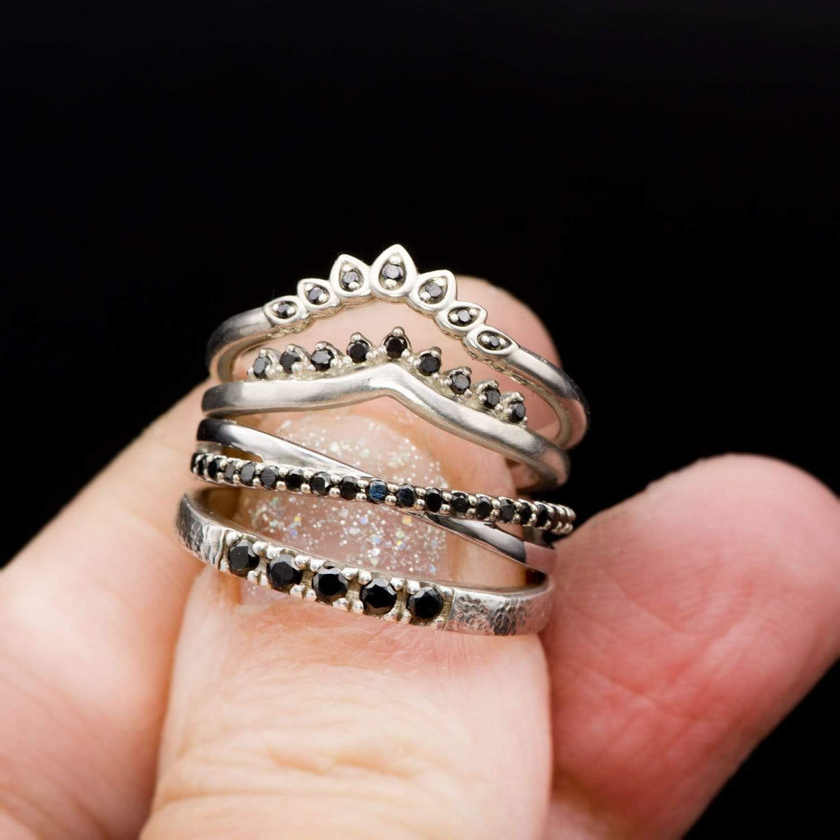 Criss Cross Black Diamond Band - Contoured Wedding Ring with Black Diamonds Ring by Nodeform