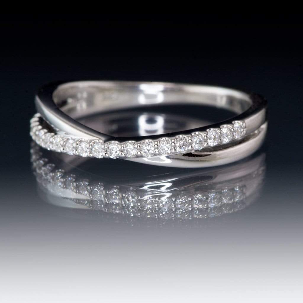 Criss Cross Band - Contoured Wedding Ring with Diamonds, Moissanites, Rubies or Sapphires All Teal Blue Diamonds / 14k Nickel White Gold (Rhodium Plated) Ring by Nodeform
