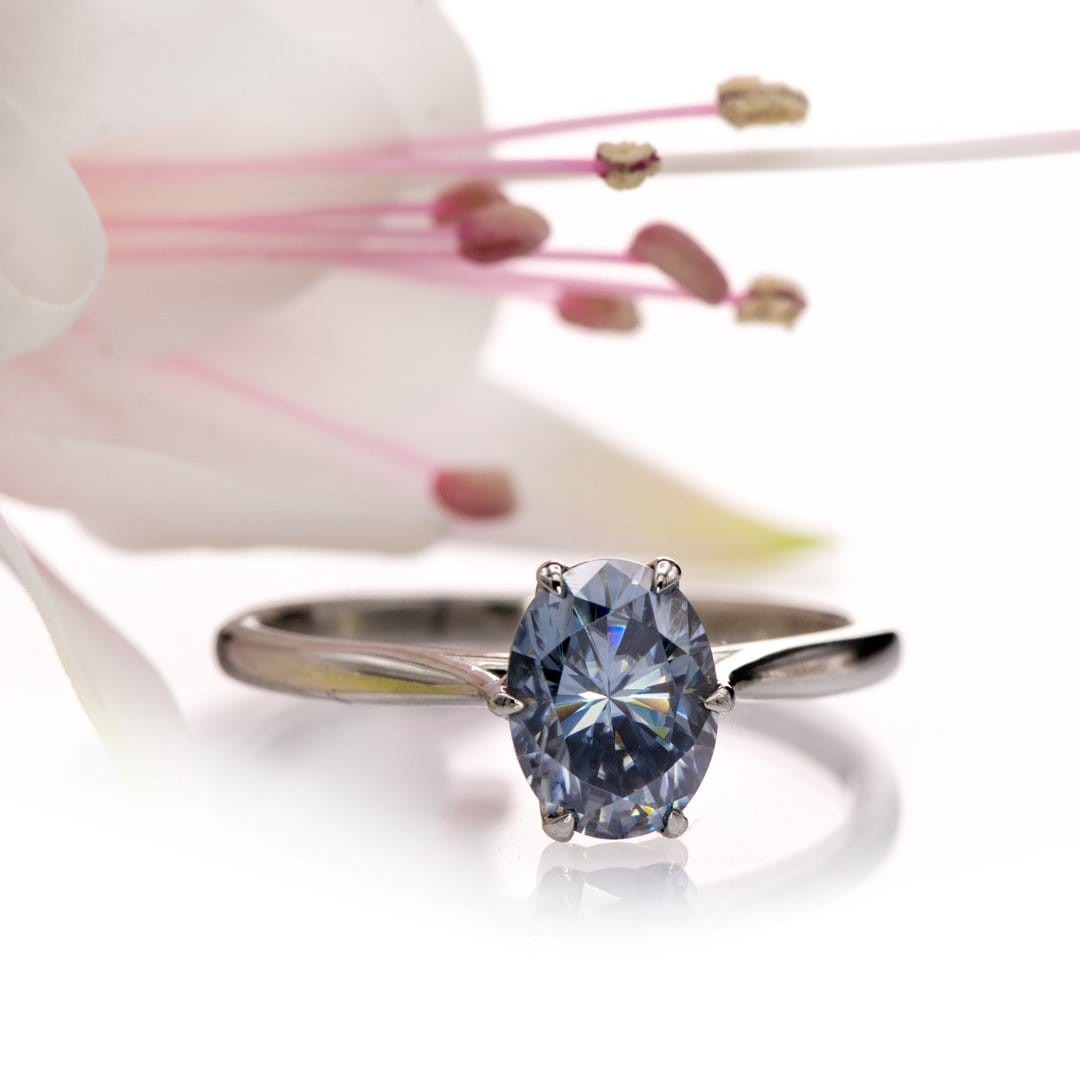 Dahlia Solitaire - Oval Blue Moissanite 6-Prong 14k White Gold Engagement Ring, size 4 to 9 Dahlia Ring Ring Ready To Ship by Nodeform