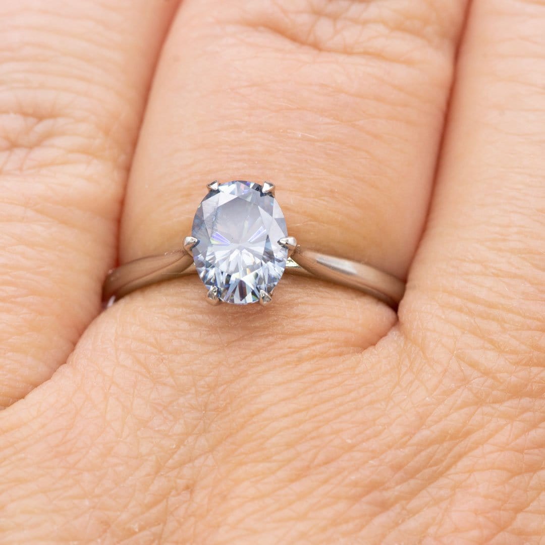 Dahlia Solitaire - Oval Blue Moissanite 6-Prong 14k White Gold Engagement Ring, size 4 to 9 Dahlia Ring Ring Ready To Ship by Nodeform