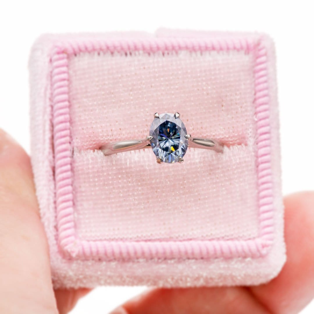 Dahlia Solitaire - Oval Blue Moissanite 6-Prong 14k White Gold Engagement Ring, size 4 to 9 Dahlia Ring Ring Ready To Ship by Nodeform