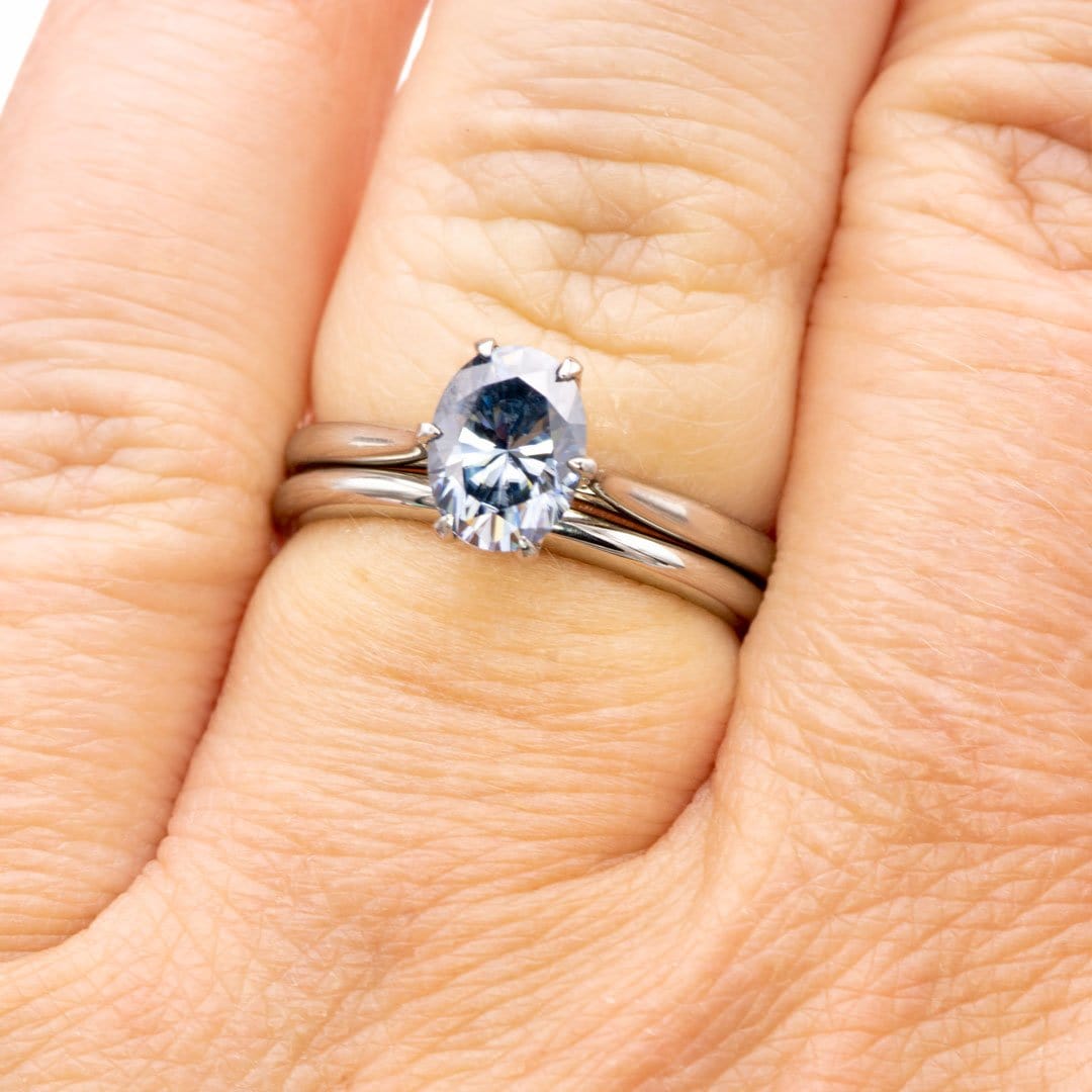 Dahlia Solitaire - Oval Blue Moissanite 6-Prong 14k White Gold Engagement Ring, size 4 to 9 Dahlia Ring Ring Ready To Ship by Nodeform
