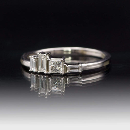 Georgia Ring - Geometric Cluster Baguette & Princess Cut Diamond, Ruby, Alexandrite or Sapphire Stacking Ring All White Diamonds SI2-3, GHI / 14k Nickel White Gold (Rhodium Plated) Ring by Nodeform