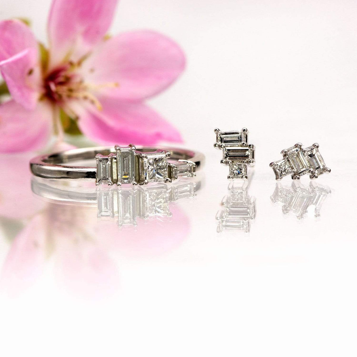 Geometric Art Deco Inspired Baguette and Princess Diamond Cluster Stud Earrings Earrings by Nodeform