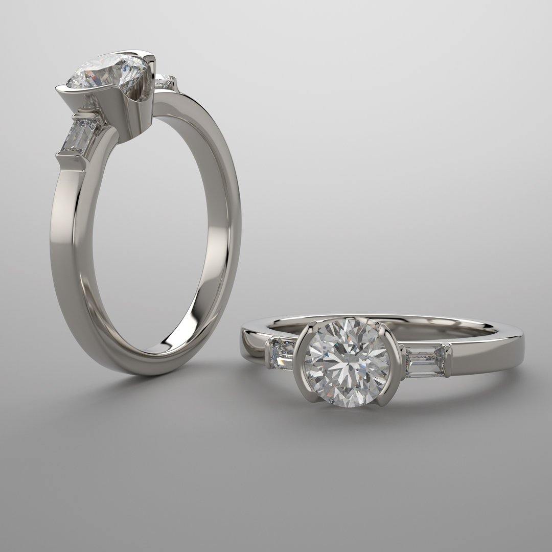 Harper Ring - 1CTW Round Lab Diamond & Baguette Accented Half Bezel Engagement Ring Ring by Nodeform