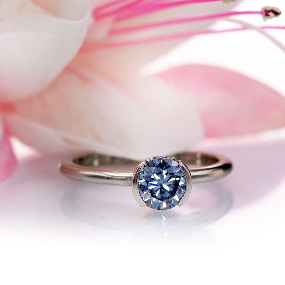 Helen Solitaire - Round Blue Moissanite Half Bezel 14k White Gold Engagement Ring, size 4 to 9 Helen Ring Ring Ready To Ship by Nodeform