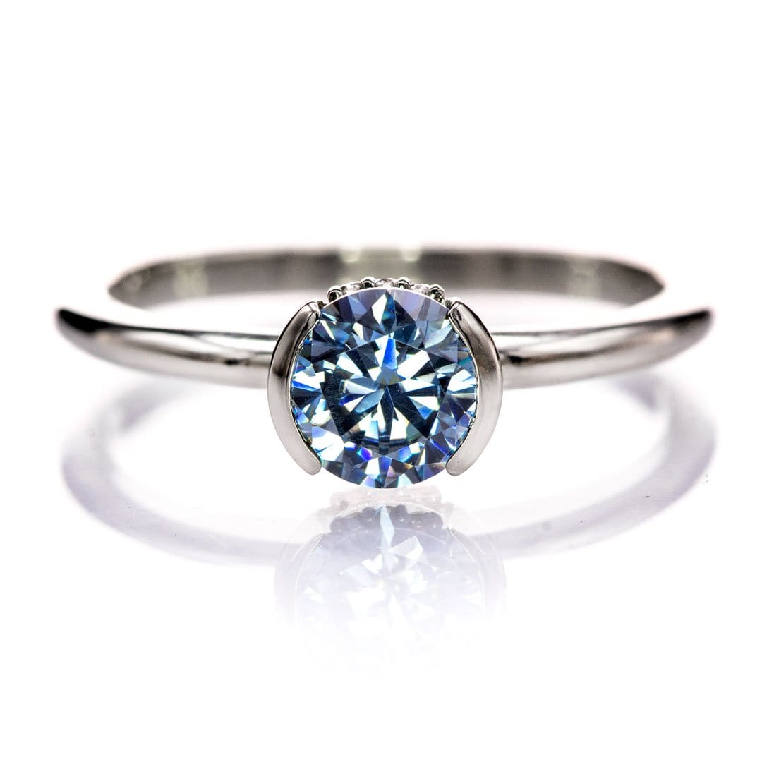 Helen Solitaire - Round Blue Moissanite Half Bezel 14k White Gold Engagement Ring, size 4 to 9 Helen Ring Ring Ready To Ship by Nodeform