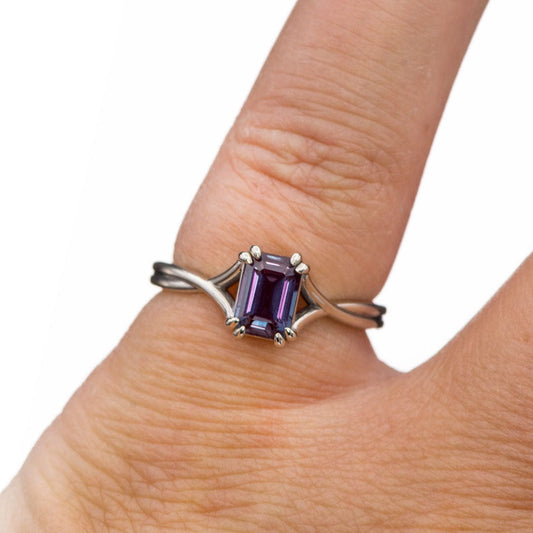 Emerald Cut Alexandrite Ivy Ring - 10k White Gold Double Prong Set Split Shank Solitaire Engagement Ring, Ready to Ship Ring Ready To Ship by Nodeform