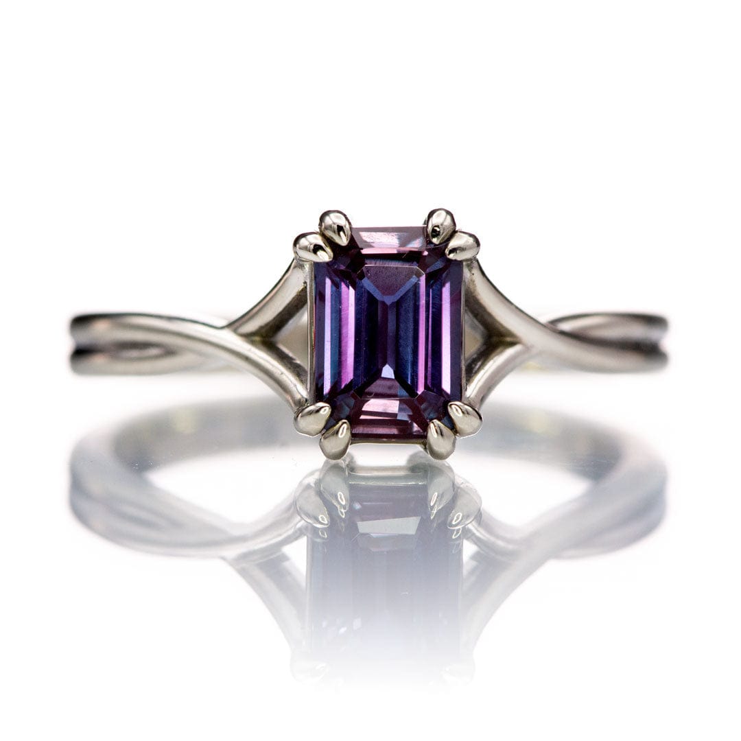 Emerald Cut Alexandrite Ivy Ring - 10k White Gold Double Prong Set Split Shank Solitaire Engagement Ring, Ready to Ship Ring Ready To Ship by Nodeform