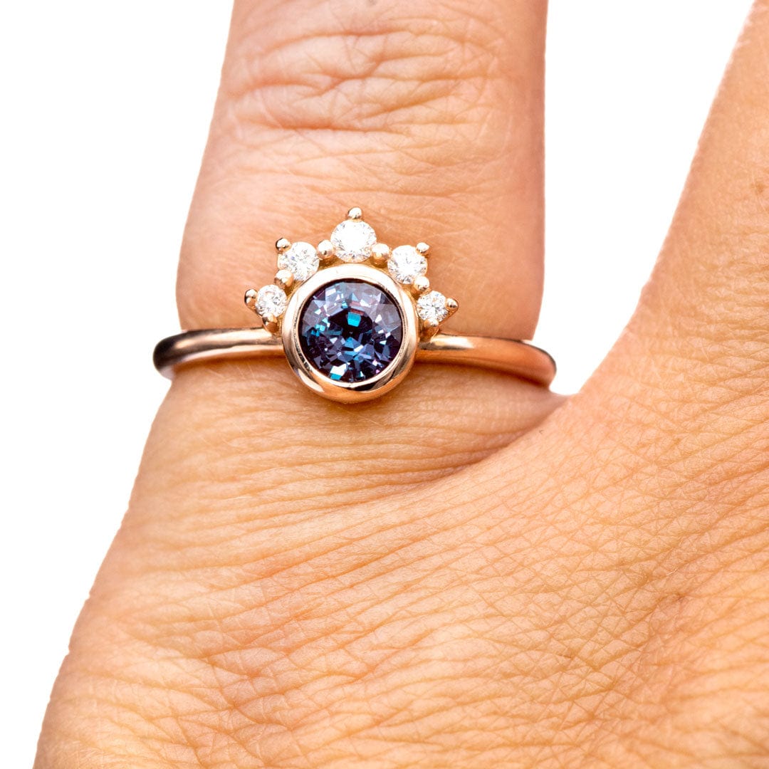Juno - Bezel Set Round Alexandrite 14k Rose Gold Engagement Ring with Diamond Half Halo Accents Ring Ready To Ship by Nodeform