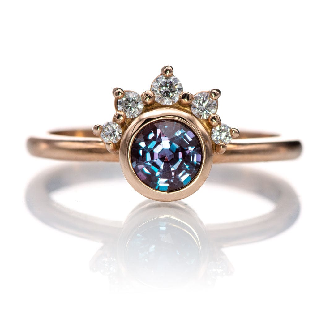 Juno - Bezel Set Round Alexandrite 14k Rose Gold Engagement Ring with Diamond Half Halo Accents Ring Ready To Ship by Nodeform