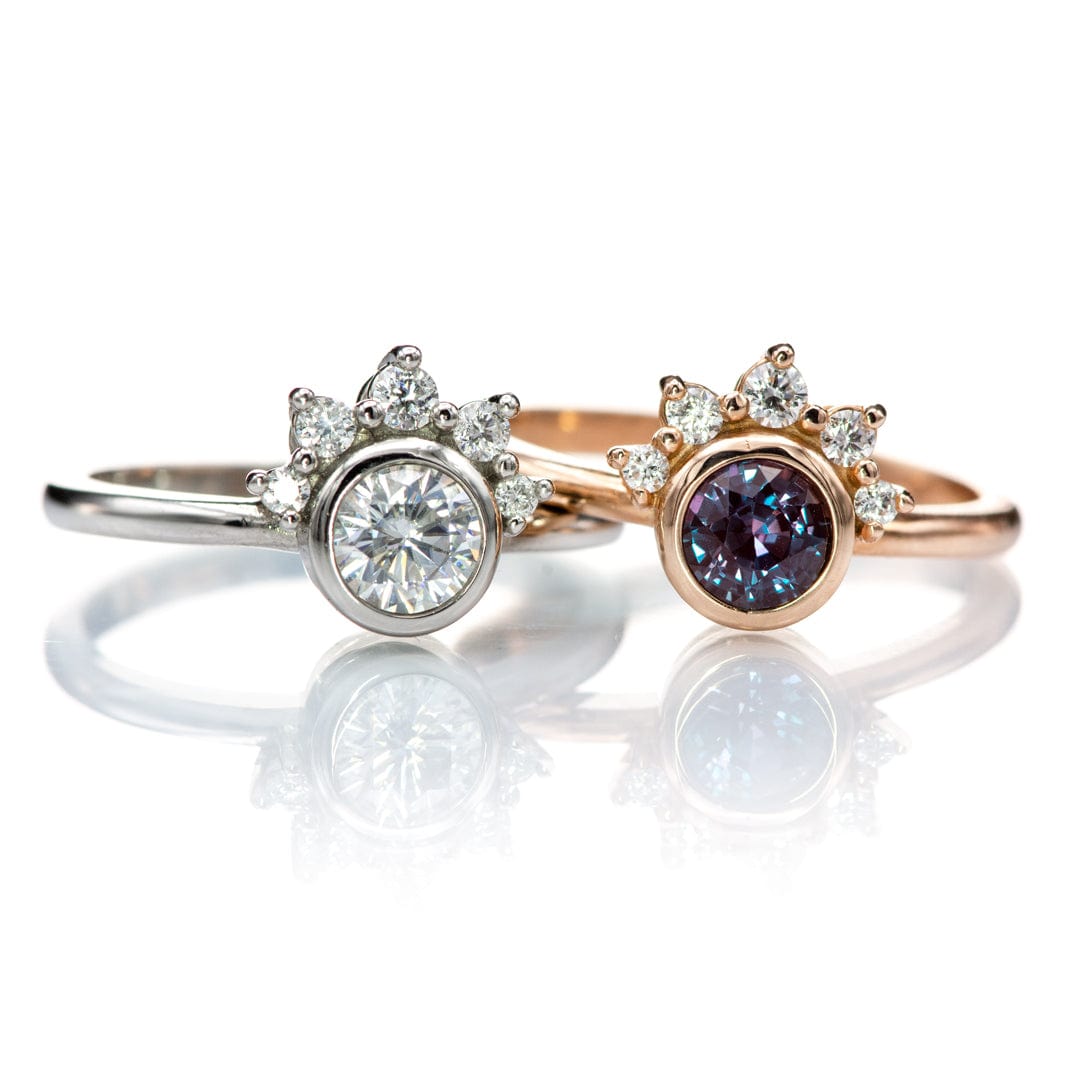 Juno - Bezel Set Round Alexandrite 14k Rose Gold Engagement Ring with Diamond Half Halo Accents Ring Ready To Ship by Nodeform