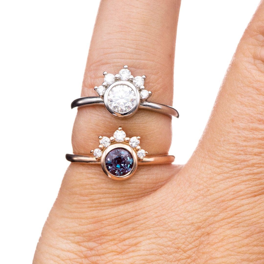 Juno - Bezel Set Round Alexandrite 14k Rose Gold Engagement Ring with Diamond Half Halo Accents Ring Ready To Ship by Nodeform