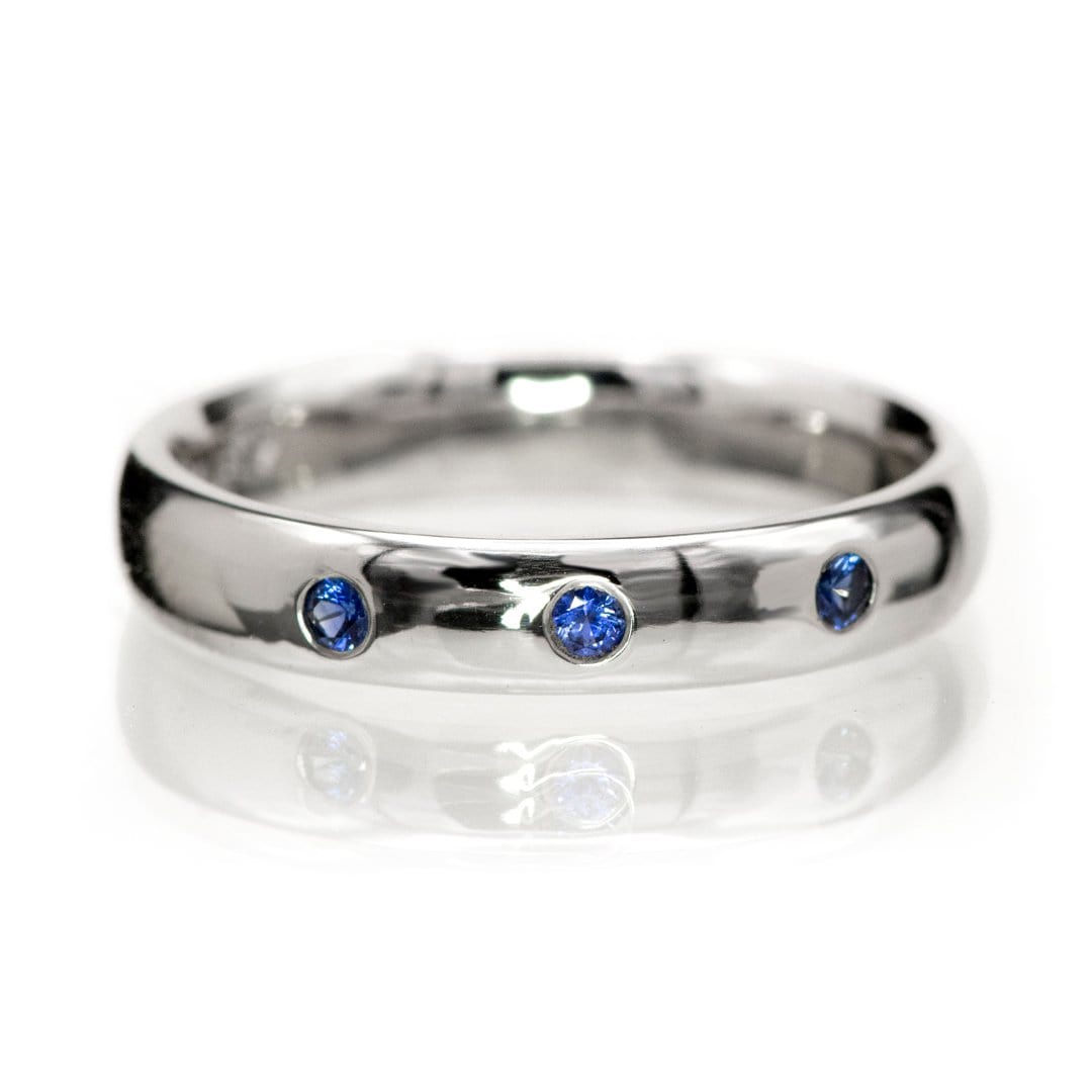 Narrow 3 Blue Sapphires Domed Wedding Ring, Contoured or Straight Band Ring by Nodeform