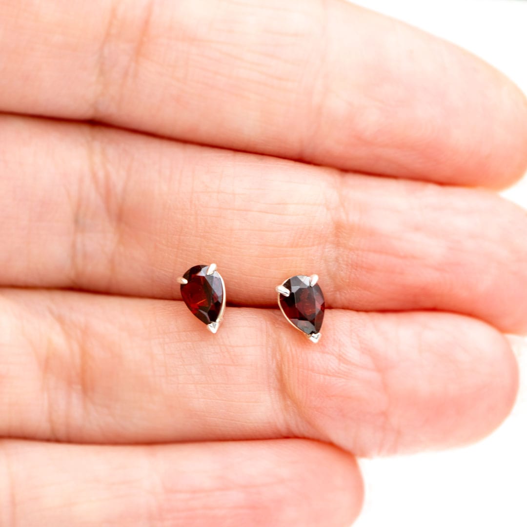 Pear Garnet Sterling Silver Basket Set Stud Earrings, Ready to Ship Earrings by Nodeform