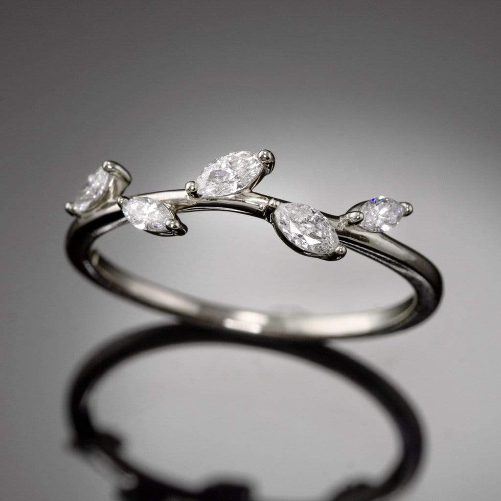 Phyliss Band - Delicate Leaf Ring 1/3CTW Diamond , Ruby or Sapphire Stacking Anniversary Ring All Diamonds / 18kPDW White Gold (Nickel Free) Ring by Nodeform