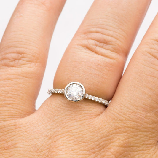 Sonia Ring - Round Moissanite Full Bezel Cathedral Accented Pave Band Engagement Ring Ring by Nodeform