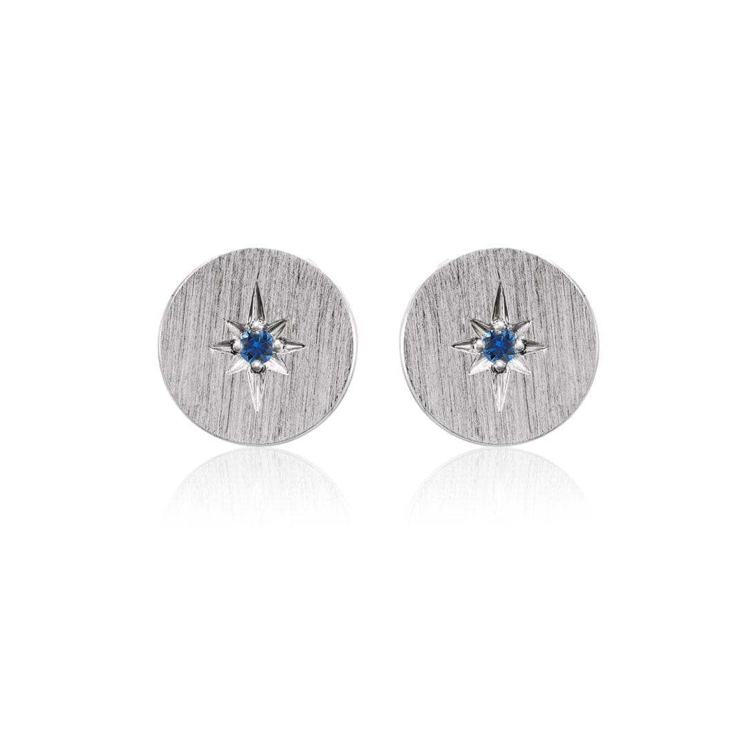Blue Sapphire Star Set Round Disk Stud Earrings 14k White Gold Earrings by Nodeform