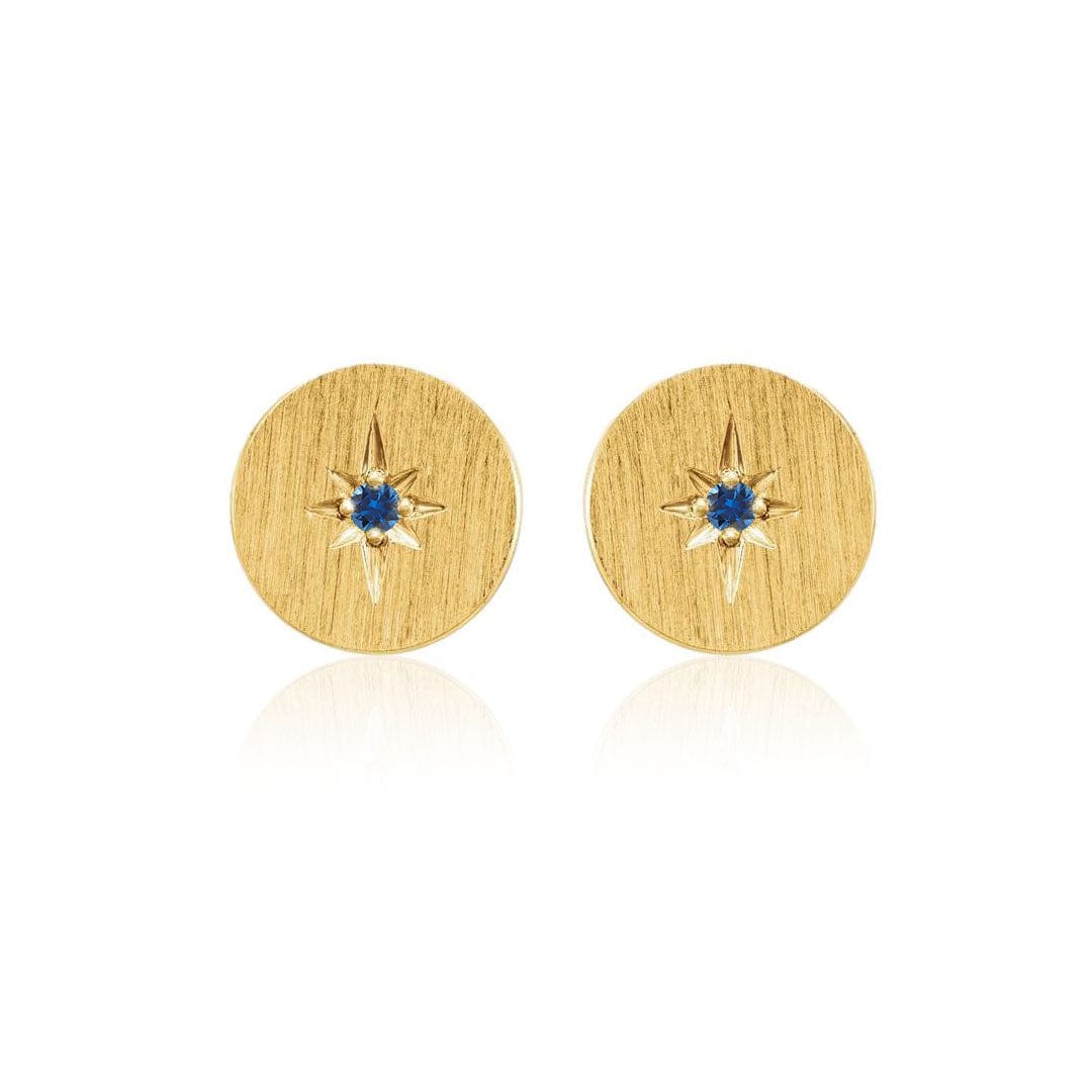 Blue Sapphire Star Set Round Disk Stud Earrings 14k Yellow Gold Earrings by Nodeform