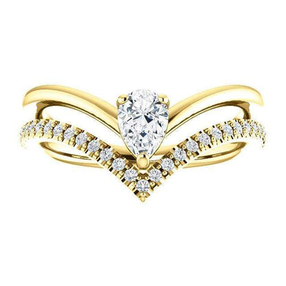 Prong Set Pear Moissanite and Diamond Double V-Band Ring Near-Colorless Forever One (GHI Color) 6x4mm/0.38ct / 14k Yellow Gold Ring by Nodeform