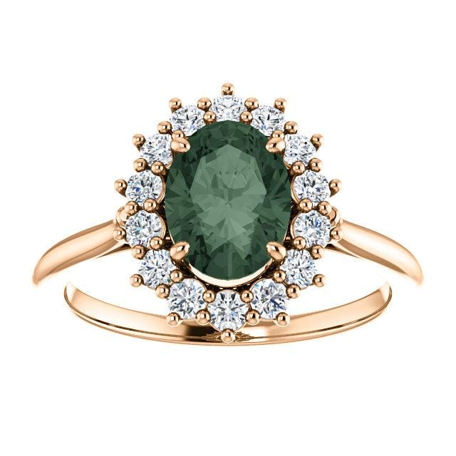 Ophelia - Oval Lab-Created Alexandrite Prong Set Halo Engagement Ring 7x5mm/~1ct Oval Lab-created Alexandrite / Moissanite Halo / 14k Rose Gold Ring by Nodeform