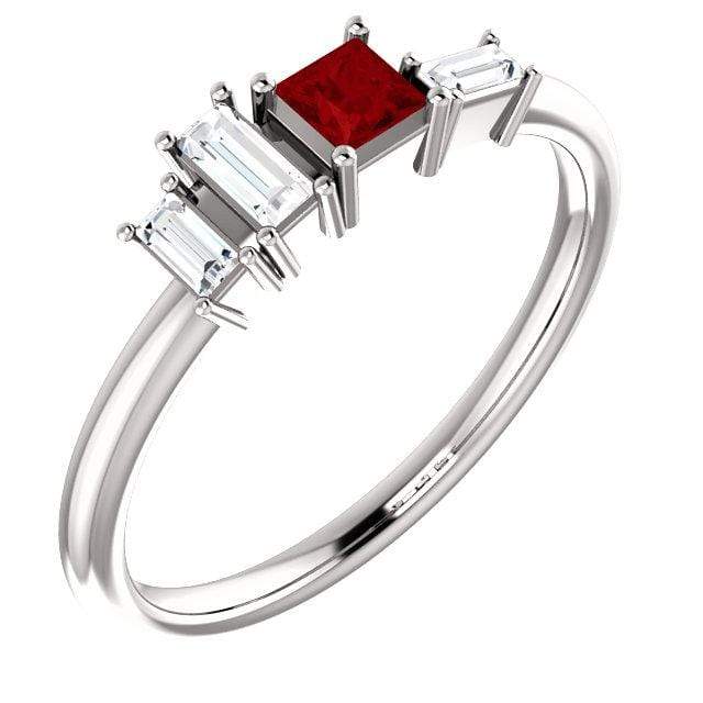 Georgia Ring - Geometric Cluster Baguette & Princess Cut Diamond, Ruby, Alexandrite or Sapphire Stacking Ring Princess Cut Ruby & Baguette Diamonds / 14k Nickel White Gold (Rhodium Plated) Ring by Nodeform