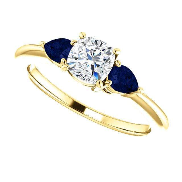 Tressa- Three Stone Engagement Ring, Prong set Cushion Moissanite & Pear Blue Sapphire Accents 5mm Colorless F1 Moissanite (DEF Color) / 18k Yellow Gold Ring by Nodeform