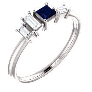 Georgia Ring - Geometric Cluster Baguette & Princess Cut Diamond, Ruby, Alexandrite or Sapphire Stacking Ring Step Cut Blue Sapphire & Baguette Diamonds / 14k Nickel White Gold (Rhodium Plated) Ring by Nodeform