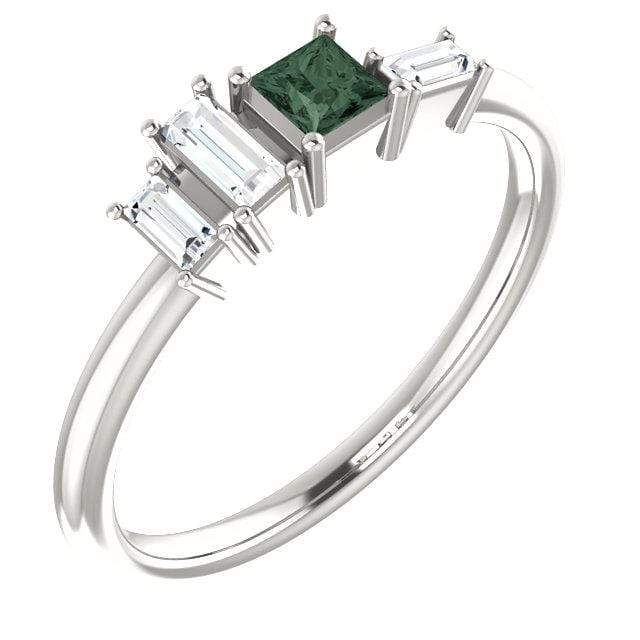 Georgia Ring - Geometric Cluster Baguette & Princess Cut Diamond, Ruby, Alexandrite or Sapphire Stacking Ring Princess Cut lab-grown Alexandrite & Baguette Diamonds / 14k Nickel White Gold (Rhodium Plated) Ring by Nodeform