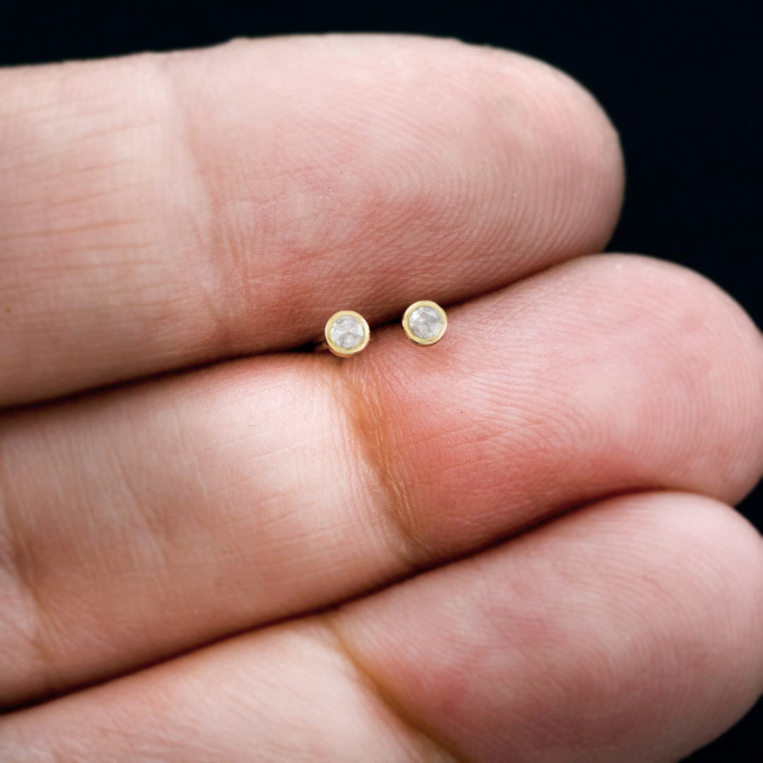 Tiny White Rose Cut Diamond Bezel Gold or Platinum Stud Earrings Earrings by Nodeform