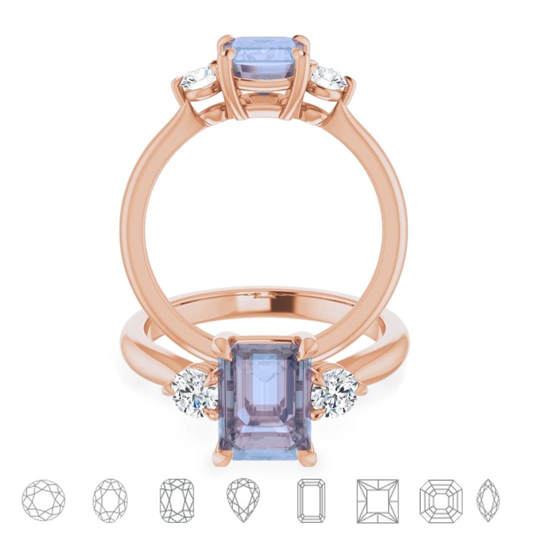 Tracy - Three Stone Prong Set Engagement Ring with Round Side Stones - Setting only Forever One Moissanite Accents / 14k Rose Gold Ring Setting by Nodeform