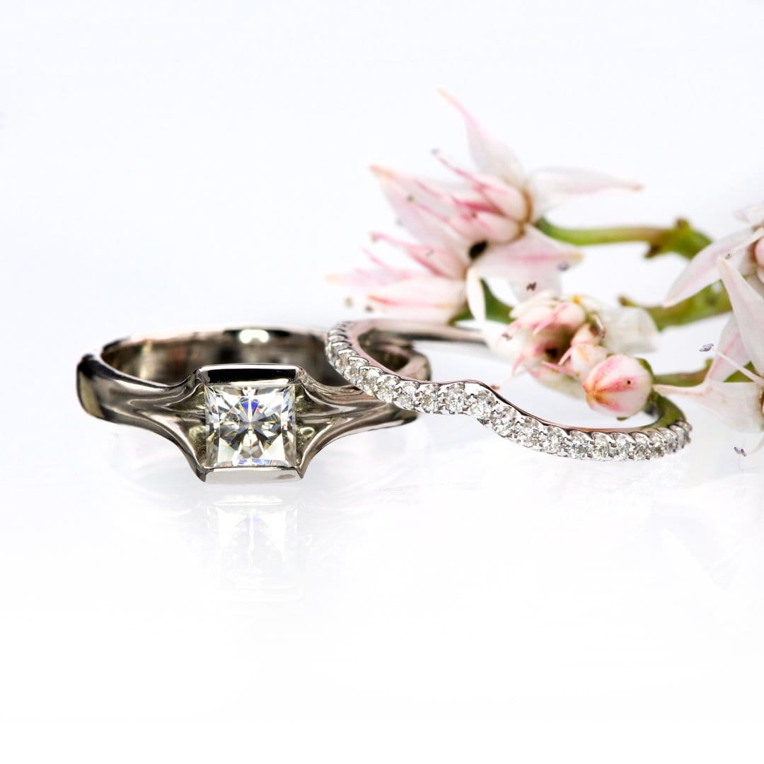 Vivian Band - V-Shape Contoured Accented Diamond, Moissanite, Ruby or Sapphire Wedding Ring Ring by Nodeform