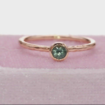 4mm Teal Green/Blue Montana Sapphire Martini Bezel Skinny Hammer Textured 14k rose gold Stacking Solitaire Ring, Ready To Ship