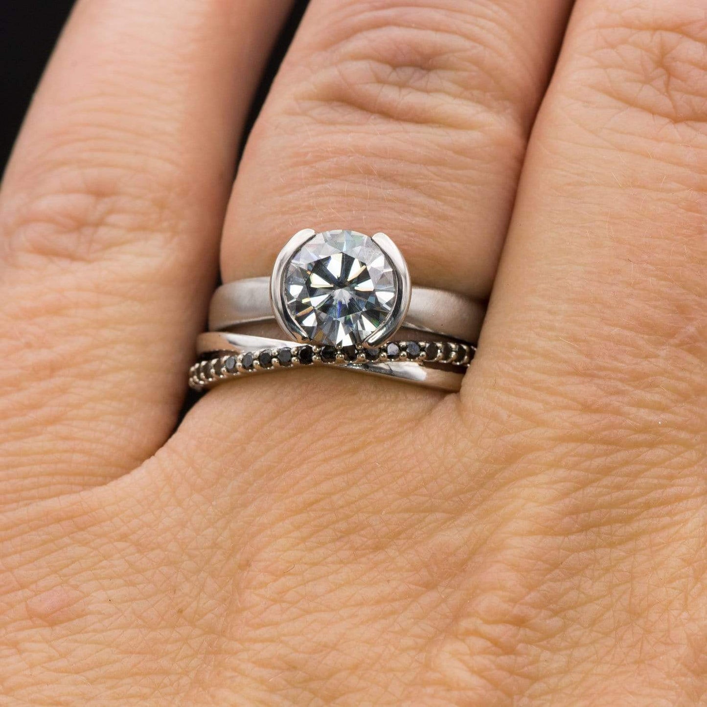 Criss Cross Black Diamond Band - Contoured Wedding Ring with Black Diamonds Ring by Nodeform