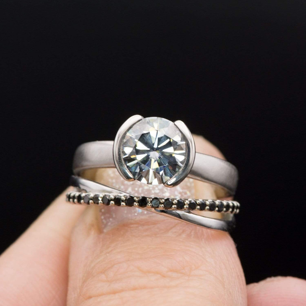 Criss Cross Black Diamond Band - Contoured Wedding Ring with Black Diamonds Ring by Nodeform