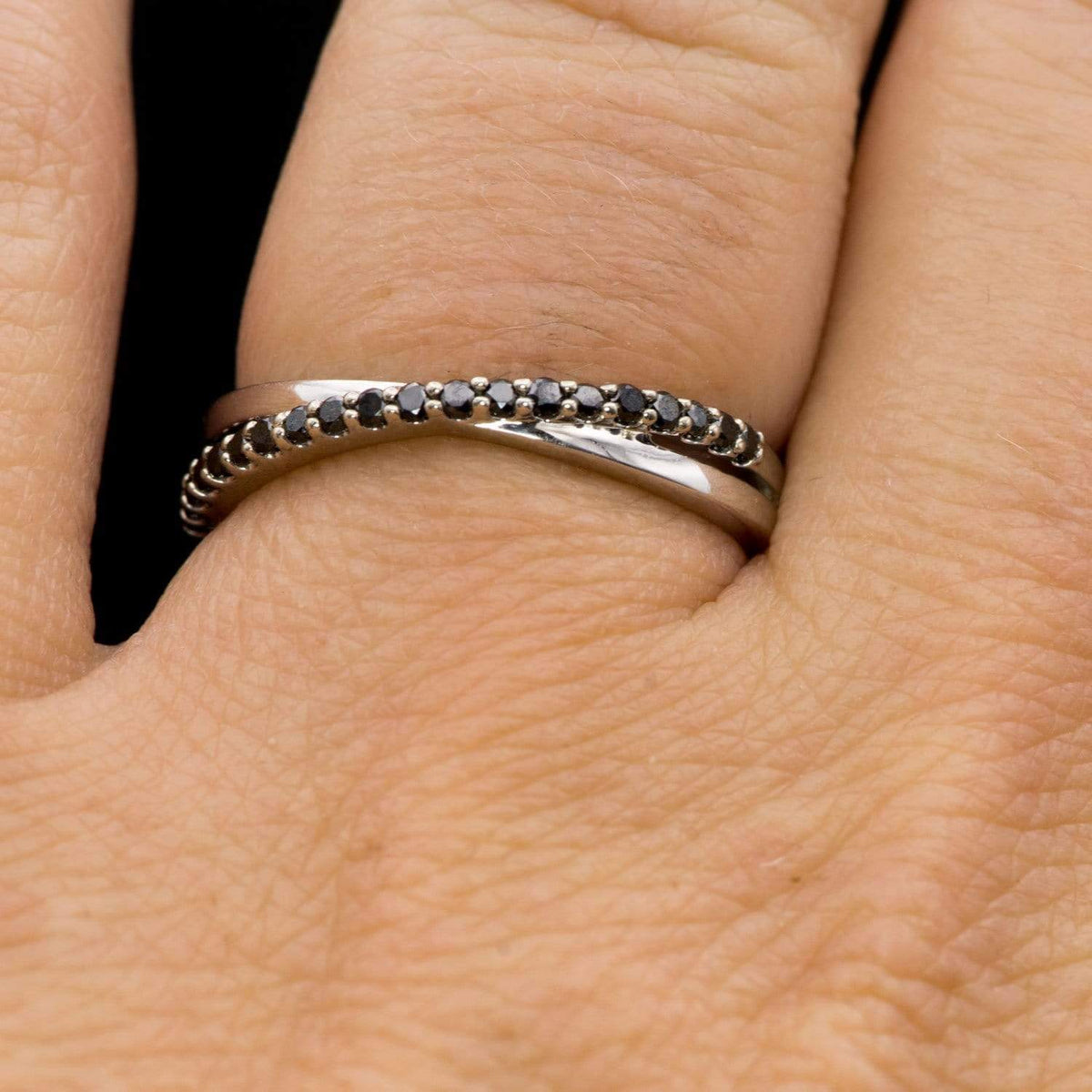 Criss Cross Black Diamond Band - Contoured Wedding Ring with Black Diamonds Ring by Nodeform