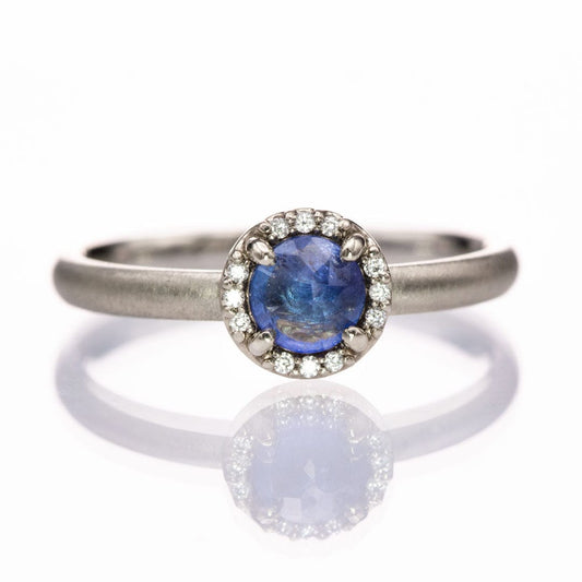 Blue Rose Cut Sapphire & White Diamond Halo White Gold Engagement Ring, size 4 to 9 Ring Ready To Ship by Nodeform
