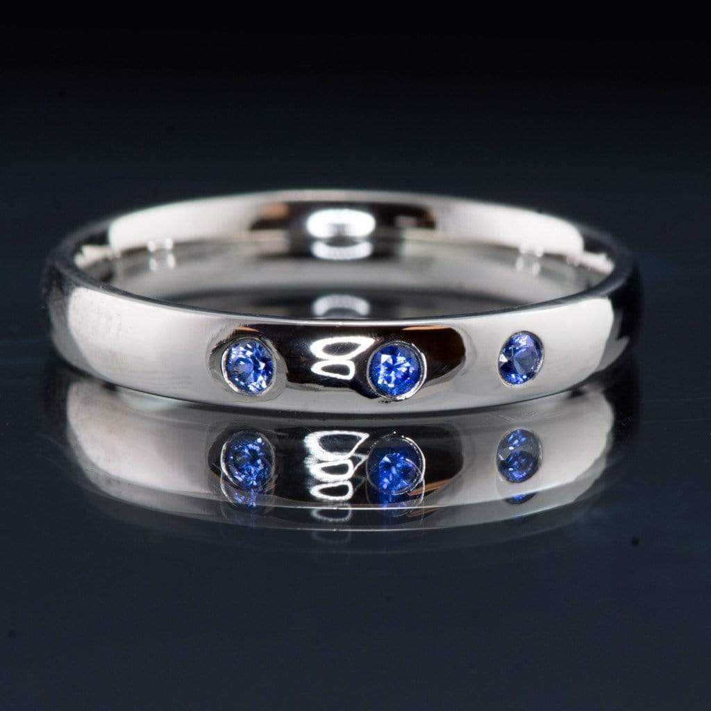 Narrow 3 Blue Sapphires Domed Wedding Ring, Contoured or Straight Band Ring by Nodeform