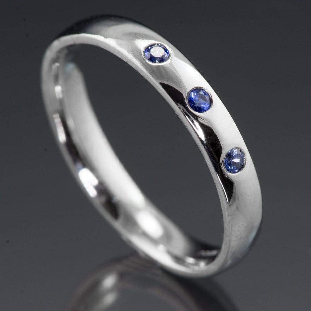Narrow 3 Blue Sapphires Domed Wedding Ring, Contoured or Straight Band Ring by Nodeform