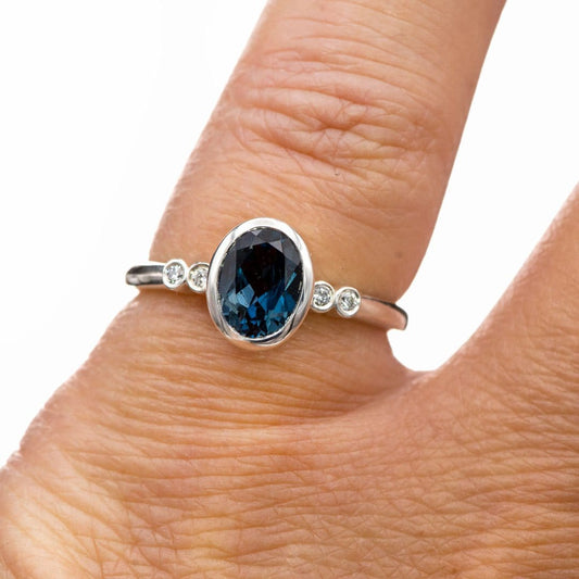 Brooklynn - Bezel Set Oval London Blue Topaz sterling Silver Ring with Moissanite Accents Ring Ready To Ship by Nodeform