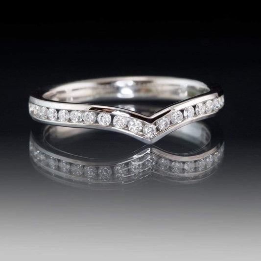 Vera Band - V-Shape Contoured Wedding Ring with channel-set Diamond, Moissanite, Ruby or Sapphire All White Diamonds SI2-3, G-H / Continuum Sterling Silver Ring by Nodeform