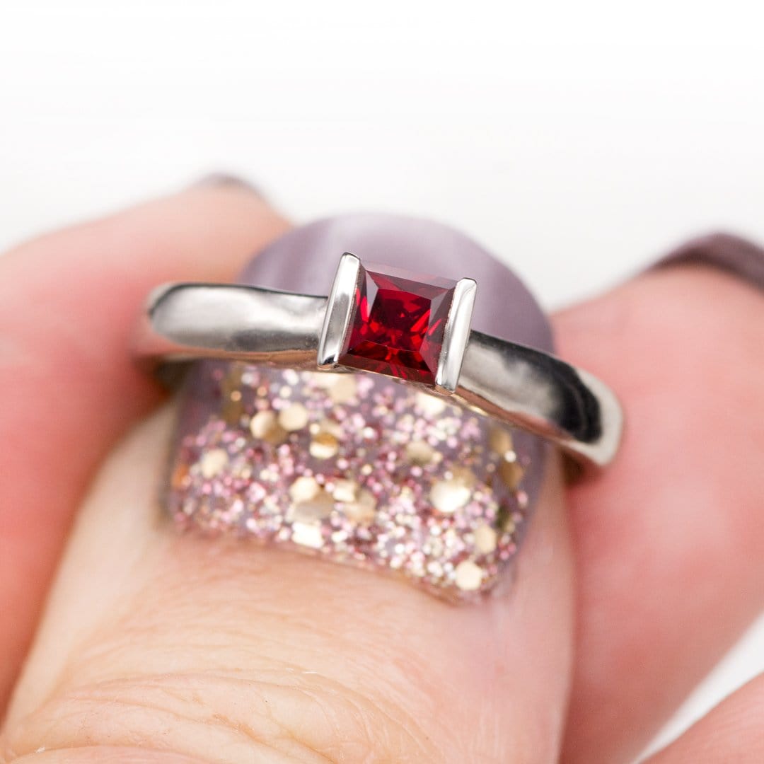 Chatham Princess Chatham Ruby Modified Tension Solitaire Engagement Ring, Ready to Size 5 - 7.5 4mm Chatham Created Ruby Ring Ready To Ship by Nodeform