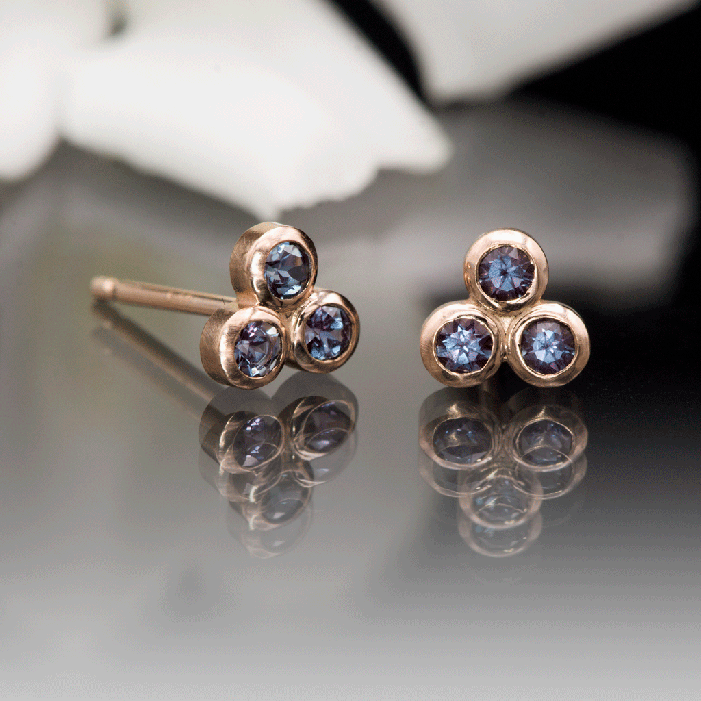 Lab-Grown Alexandrite Trio Bezel Cluster Stud Earrings 18k Yellow Gold Earrings by Nodeform