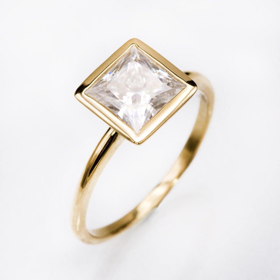 Emma Solitaire Ring - Square Brilliant / Princess Cut Moissanite Bezel Set Engagement Ring 7.5 mm/ 2.28ct Forever One Moissanite Square Brilliant Cut / Near-colorless (GHI Color) / 14K Yellow Gold Ring by Nodeform